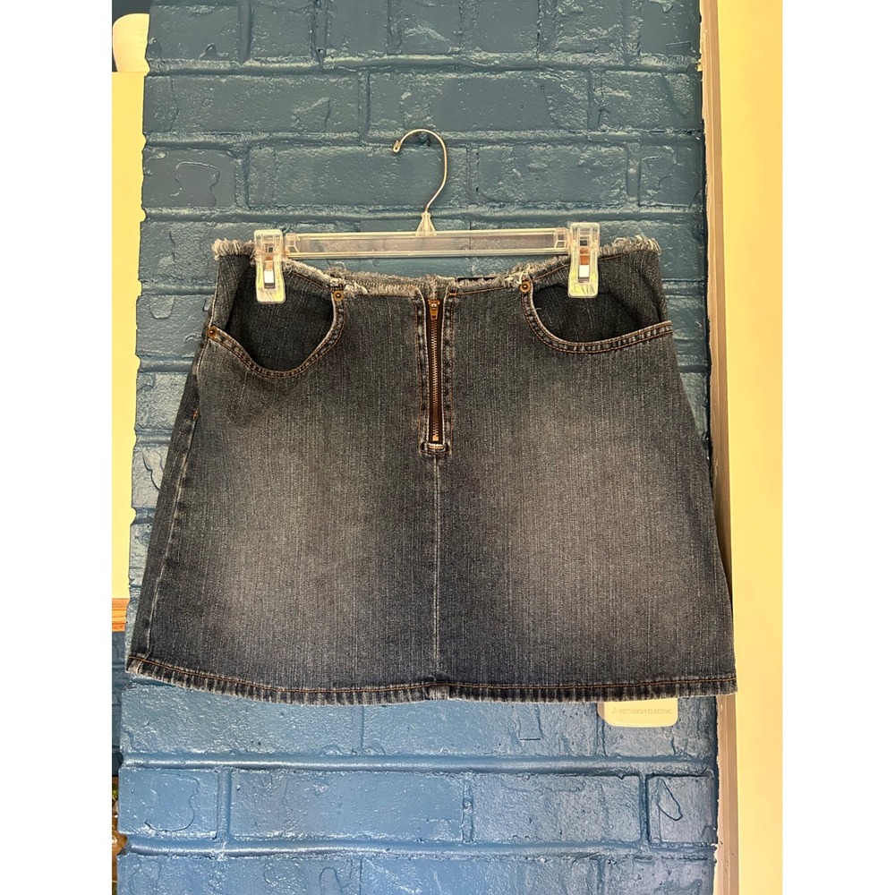 Candies Denim Mini Skirt Frayed Hem Y2K Front Zip Pockets‎ Blue